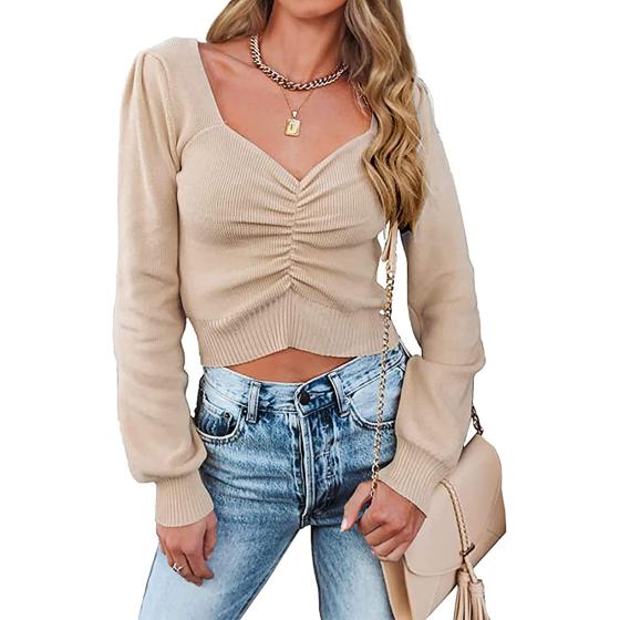 PRETTYGARDEN Women's Chic Deep V Neck Long Sleeve Knit Ruched Tops Off Shoulder Solid Ribbed Knitted Crop Pullover Sweater