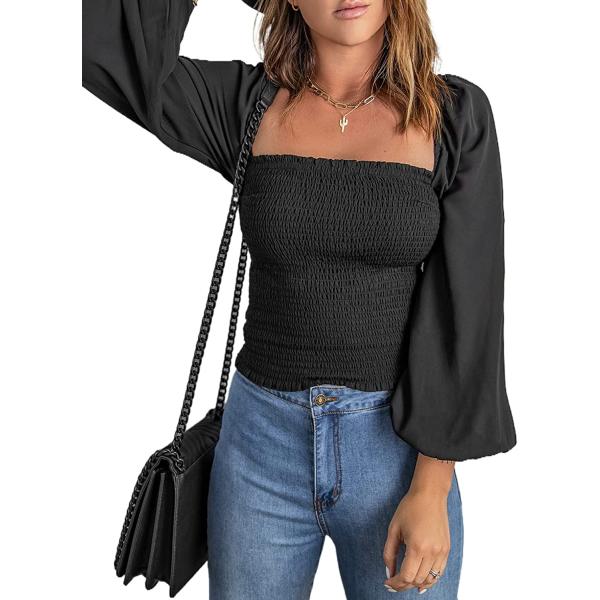 EVALESS Blouses for Women Puff Long Sleeve Square Neck Tops Off The Shoulder Floral Ladies Tops and Blouses