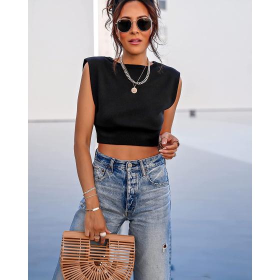The Drop Women's Black Padded Shoulder Crop Top by @lucyswhims