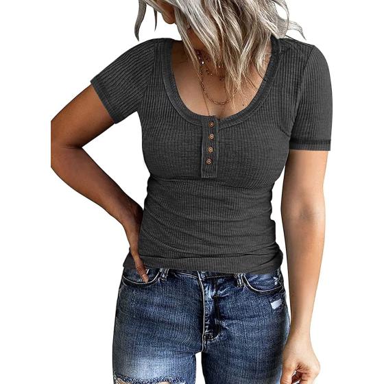 PIIRESO Women's Short Sleeve Button Scoop Neck Ribbed Shirts Summer Casual Solid Color Henley Top
