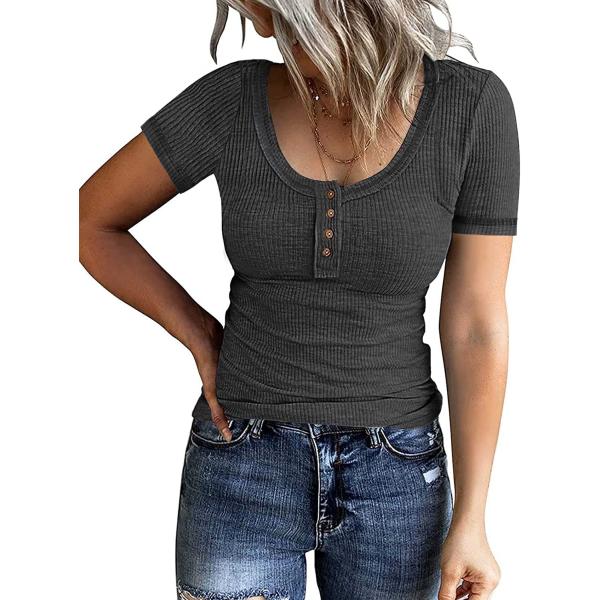 PIIRESO Women's Short Sleeve Button Scoop Neck Ribbed Shirts Summer Casual Solid Color Henley Top