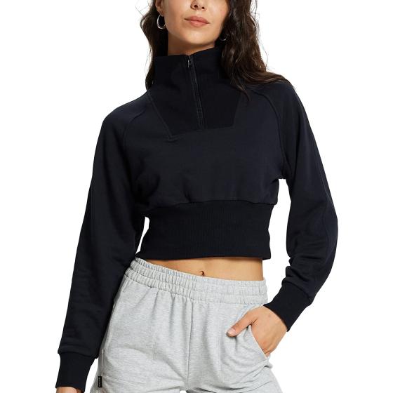 BALEAF Women's Half Zip Cropped Sweatshirt High Neck Long Sleeve Crop Pullover Athletic Ribbed Corset Hems Cozy