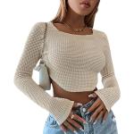 Meladyan Women Long Sleeve Knitted Solid Crop Top Square Neck Fitted Asymmetrical Hem Cropped Tee Shirts