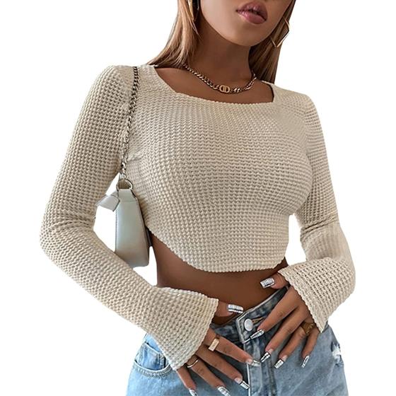 Meladyan Women Long Sleeve Knitted Solid Crop Top Square Neck Fitted Asymmetrical Hem Cropped Tee Shirts