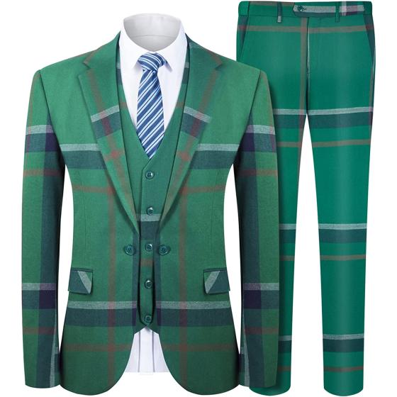 MAGE MALE Men’s Plaid Suit Slim Fit 3-Piece Leisure Suit One Button Blazer Dress Business Wedding Party Jacket Vest & Pants