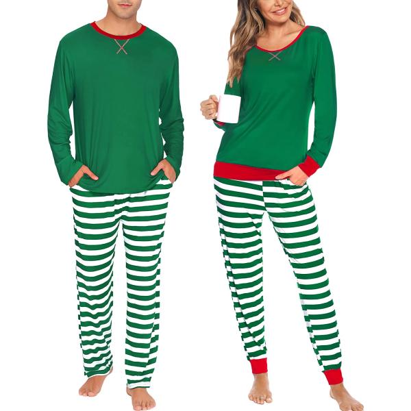 SWOMOG Men & Women Matching Pajamas Sets for Couples Long Sleeve Sleepwear Soft Lounge Set Plaid Striped Pants with Pockets