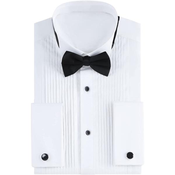 Gollnwe Men's Tuxedo Shirt Wing Collar French Cuffs with Cufflinks and Bow Tie