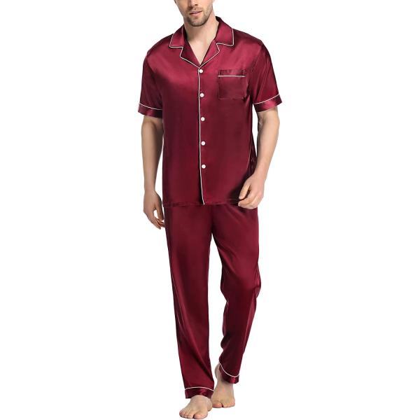 SWOMOG Men's Silk Satin Pajama Set Short Sleeve Classic Sleepwear Button Down Loungewear with Long Pants
