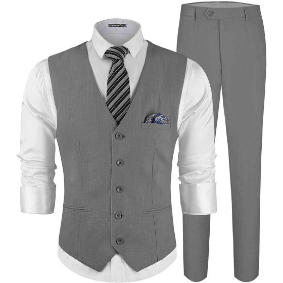 MAGE MALE Men's Linen 2 Piece Suit Slim Fit Wedding Groomsmen Summer Vest Pants Set with Pocket Square