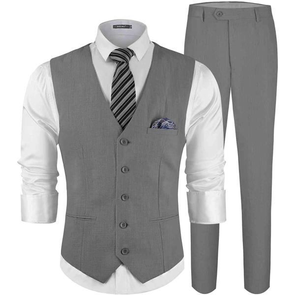 MAGE MALE Men's Linen 2 Piece Suit Slim Fit Wedding Groomsmen Summer Vest Pants Set with Pocket Square