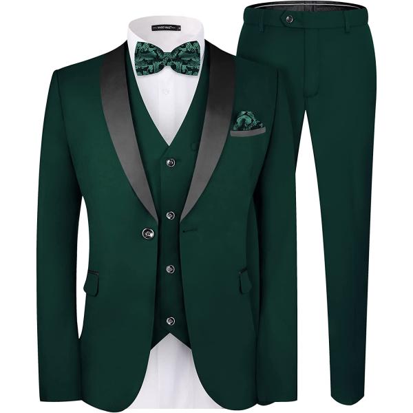 MAGE MALE Men's Slim Fit 3 Piece Suit One Button Solid Shawl Lapel Blazer Jacket Vest Pants Set with Tie Pocket Square