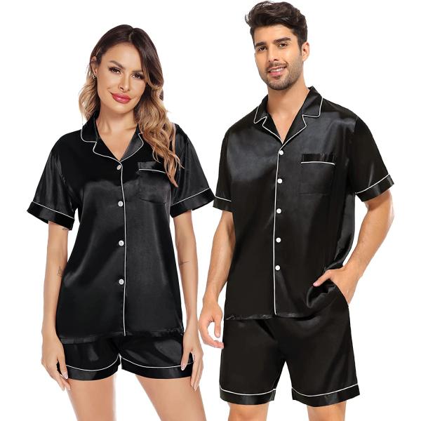 SWOMOG Satin Matching Pajamas Sets Couple Silk Button Down Nightwear Short Sleeve Sleepwear 2 Pieces Loungewear with Shorts