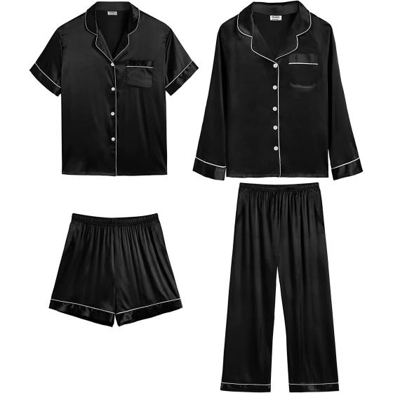 SWOMOG 4 pcs Men Satin Pajamas Set Silk Button-Down PJs Sets Soft Lounge Sets Classic Silk Sleepwear