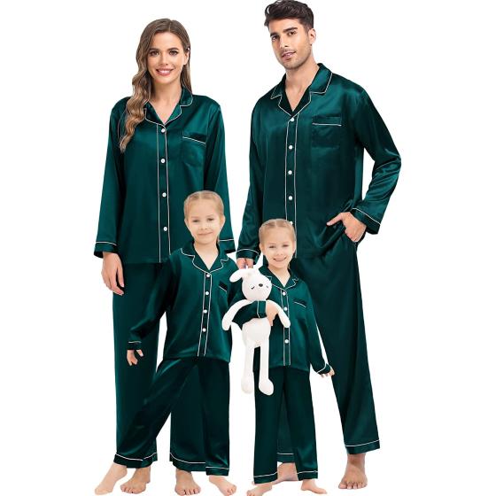 SWOMOG Family Matching Silk Satin Pajamas Button Down Sleepwear Long Sleeve Silky Nightwear 2 Pcs Pj Set