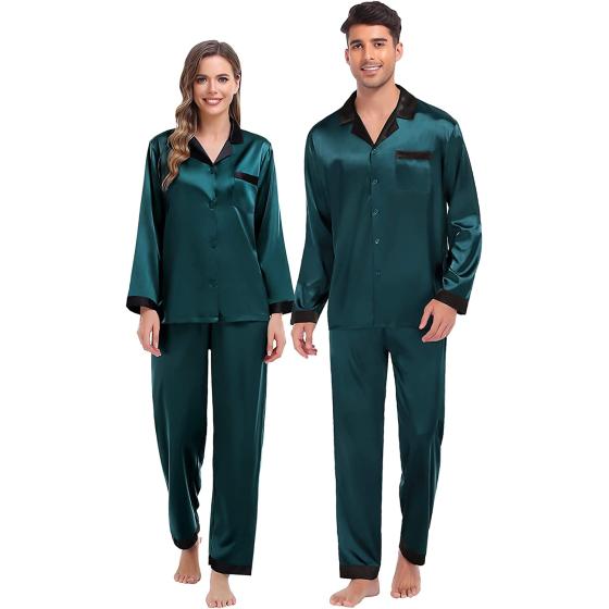 SWOMOG Couples Matching Pajamas Sets Silk Satin Long Sleeve Sleepwear Button-Down Soft Loungewear Loose Pjs Set