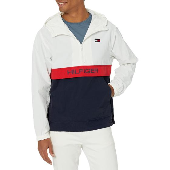 Tommy Hilfiger Men's Retro Lightweight Taslan Hooded Popover Water Resistant Windbreaker Jacket