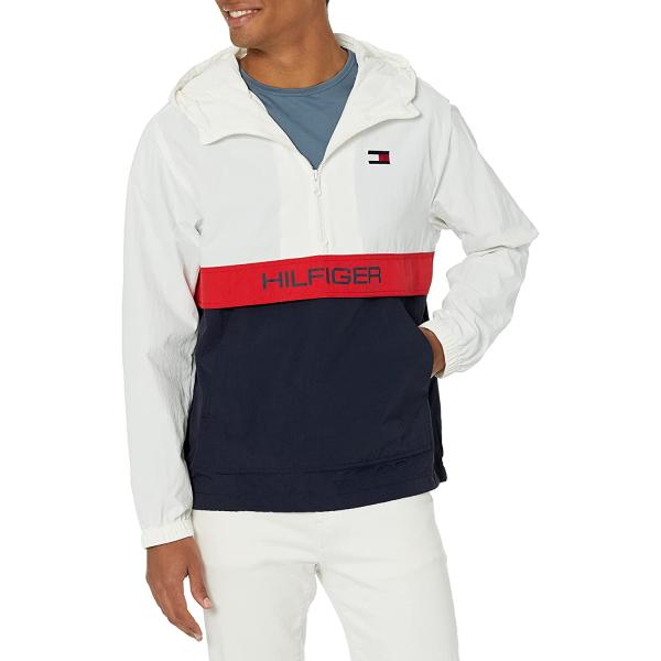 Tommy Hilfiger Men's Retro Lightweight Taslan Hooded Popover Water Resistant Windbreaker Jacket
