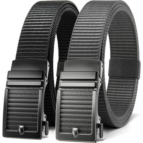 CHAOREN Ratchet Belt for Men 2 Pack - Nylon Mens Belts Casual 1 3/8" - Outside Tail Golf Belt Easier to Tighten