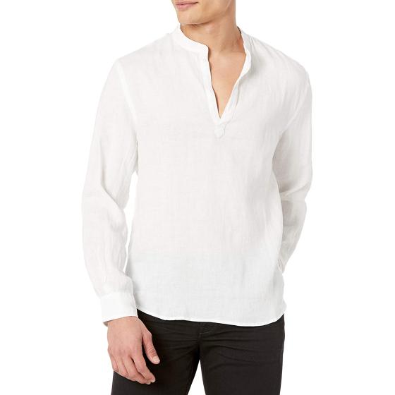Perry Ellis Men's Long Sleeve Solid Linen Popover Shirt