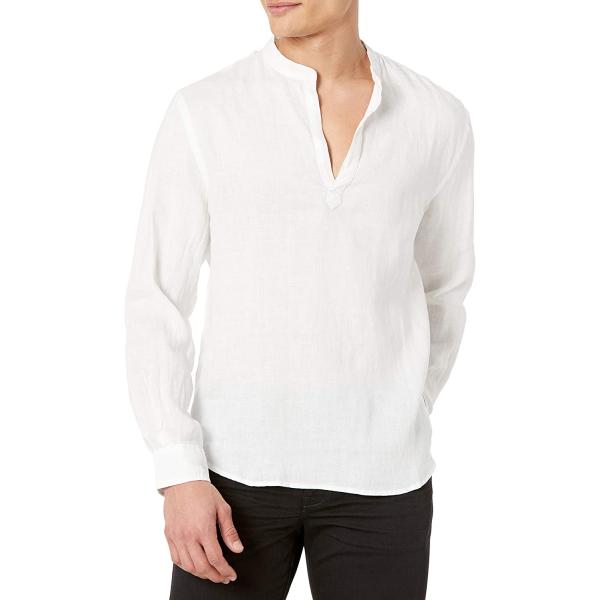 Perry Ellis Men's Long Sleeve Solid Linen Popover Shirt