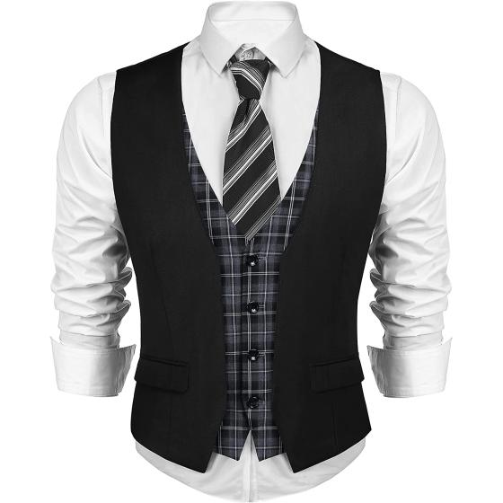 COOFANDY Men's Business Suit Vest Layered Plaid Dress Vest Waistcoat for Wedding,Party