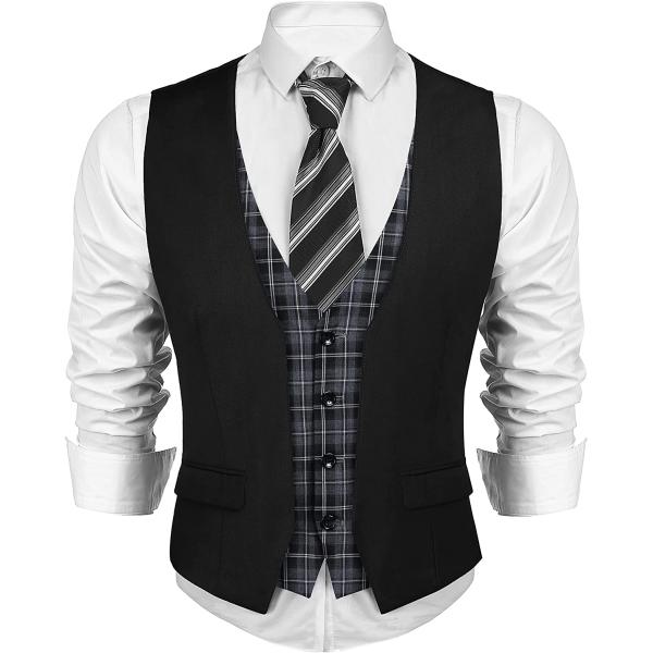 COOFANDY Men's Business Suit Vest Layered Plaid Dress Vest Waistcoat for Wedding,Party