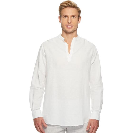 Perry Ellis Men's Long-Sleeve Solid Linen Cotton Popover Shirt