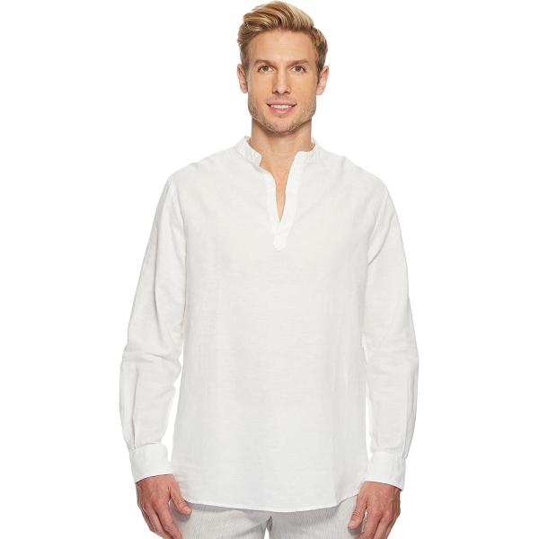 Perry Ellis Men's Long-Sleeve Solid Linen Cotton Popover Shirt