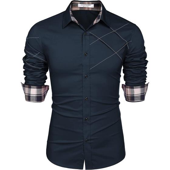 COOFANDY Men's Cotton Dress Shirts Long Sleeve Plaid Collar Shirt Slim Fit Casual Button Down Shirt