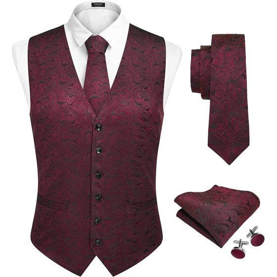 COOFANDY Men's Paisley Vest Tie Set Formal 4PC Suit Vest Floral Waistcoat Necktie Pockets Party Prom Wedding
