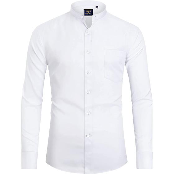 J.Ver Mens Banded Collar Dress Shirts Long Sleeve Button Down Mandarin Collar Shirt Solid Stretch Shirt with Pocket