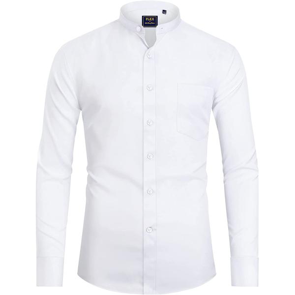 J.Ver Mens Banded Collar Dress Shirts Long Sleeve Button Down Mandarin Collar Shirt Solid Stretch Shirt with Pocket
