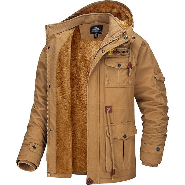 MAGCOMSEN Men's Cargo Jacket Winter Warm Coats Fleece Lined Military Jackets Cotton with Removable Hood
