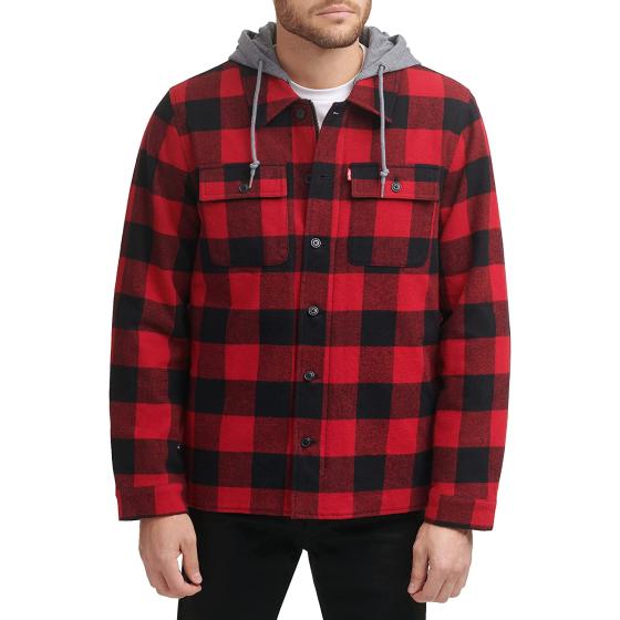 Levi's Men's Cotton Plaid Shirt Jacket with Soft Faux Fur Lining and Jersey Hood