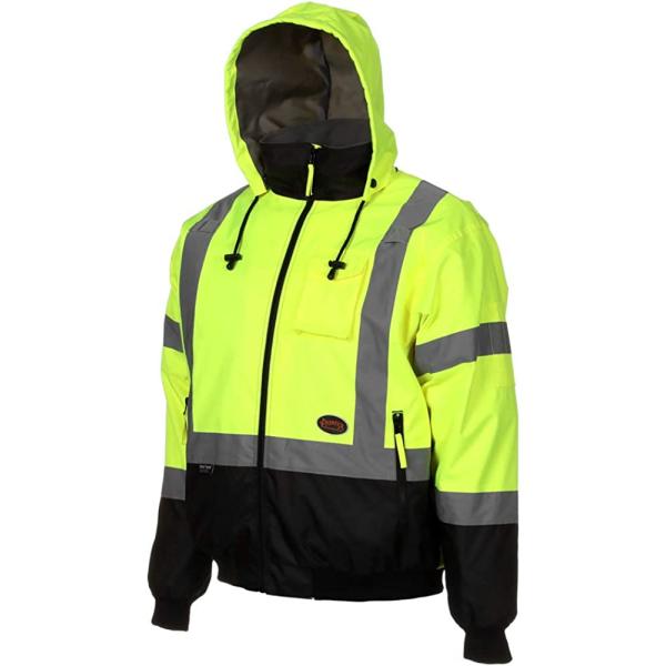 Pioneer High Vis Safety Bomber Jacket For Men – Waterproof Reflective Rain Gear – Class 3 – Detachable Hood – Yellow/Black
