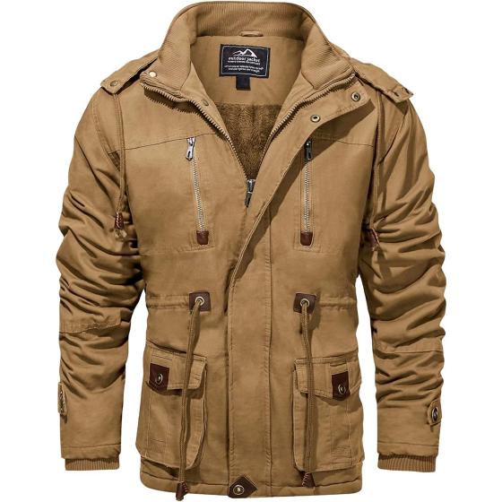 MAGCOMSEN Men's Winter Cargo Work Jacket Fleece Lined Thicken Military Jacket with Removable Hood