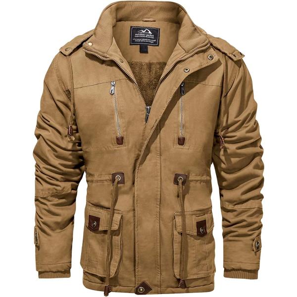 MAGCOMSEN Men's Winter Cargo Work Jacket Fleece Lined Thicken Military Jacket with Removable Hood