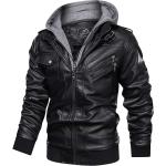 MAGCOMSEN Men's Stand Collar PU Faux Leather Jacket 6 Pockets Motorcycle Bomber Jacket with a Removable Hood