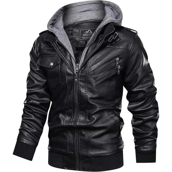 MAGCOMSEN Men's Stand Collar PU Faux Leather Jacket 6 Pockets Motorcycle Bomber Jacket with a Removable Hood