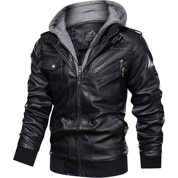 MAGCOMSEN Men's Stand Collar PU Faux Leather Jacket 6 Pockets Motorcycle Bomber Jacket with a Removable Hood