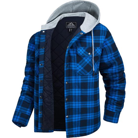 MAGCOMSEN Men's Flannel Shirt Jacket with Hood Long Sleeve Quilted Lined Plaid Coat Button Down Thick Hoodie Outwear Winter