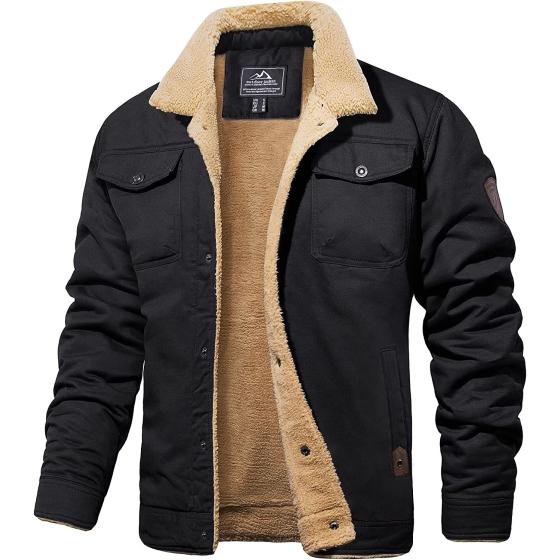 MAGCOMSEN Men's Cargo Jacket Cotton Thicken Lined Sherpa Jackets Winter Warm Turn-down Collar Coats Multi Pockets