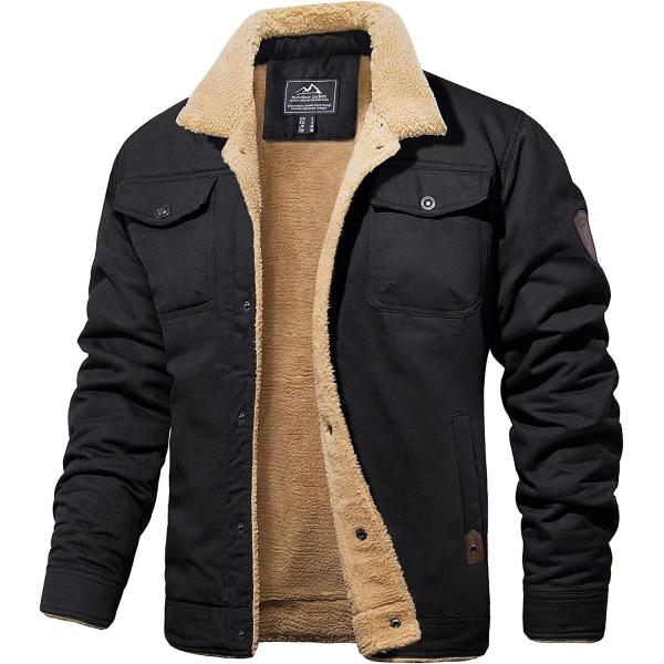 MAGCOMSEN Men's Cargo Jacket Cotton Thicken Lined Sherpa Jackets Winter Warm Turn-down Collar Coats Multi Pockets