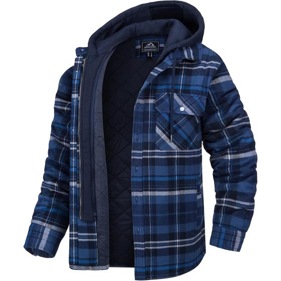 MAGCOMSEN Men's Flannel Jacket with Removable Hood 5 Pockets Plaid Quilted Lined Winter Coats Thick Hoodie Outwear