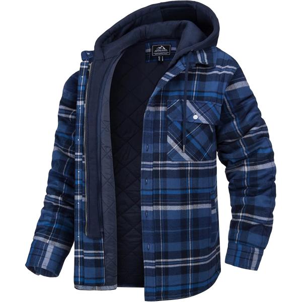 MAGCOMSEN Men's Flannel Jacket with Removable Hood 5 Pockets Plaid Quilted Lined Winter Coats Thick Hoodie Outwear