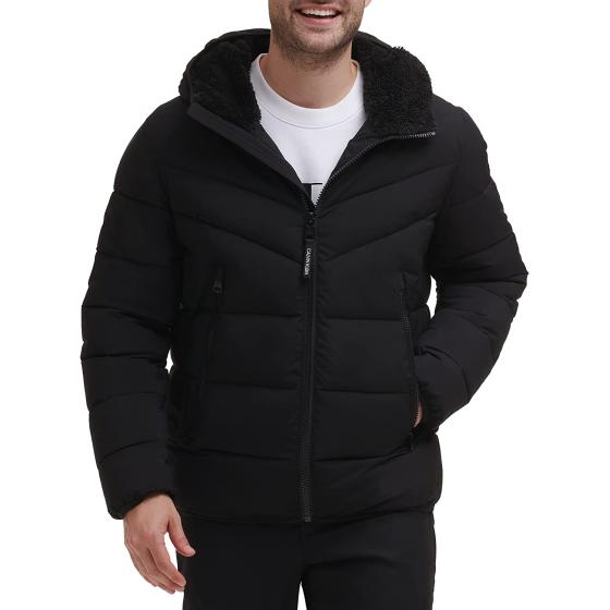 Calvin Klein Men's Winter Coat-Puffer Stretch Jacket with Sherpa Hood