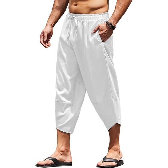COOFANDY Men's Linen Harem Capri Pants Lightweight Loose 3/4 Shorts Drawstring Elastic Waist Casual Beach Yoga Trousers