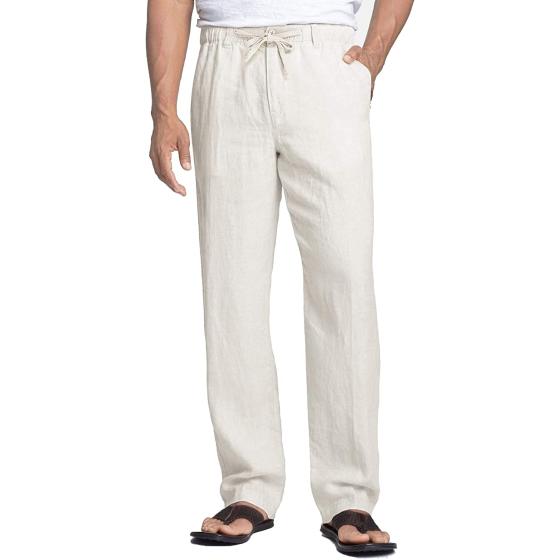 Coofandy Men's Casual Linen Pants Elastic Waist Drawstring Cotton Trousers