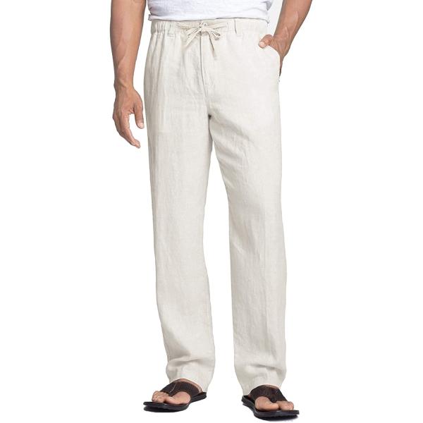Coofandy Men's Casual Linen Pants Elastic Waist Drawstring Cotton Trousers