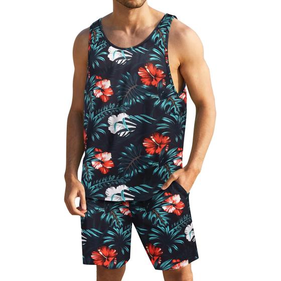 COOFANDY Men Floral Tank Hawaiian Shorts Sets Summer Tank Tops Beach Tropical Outfits